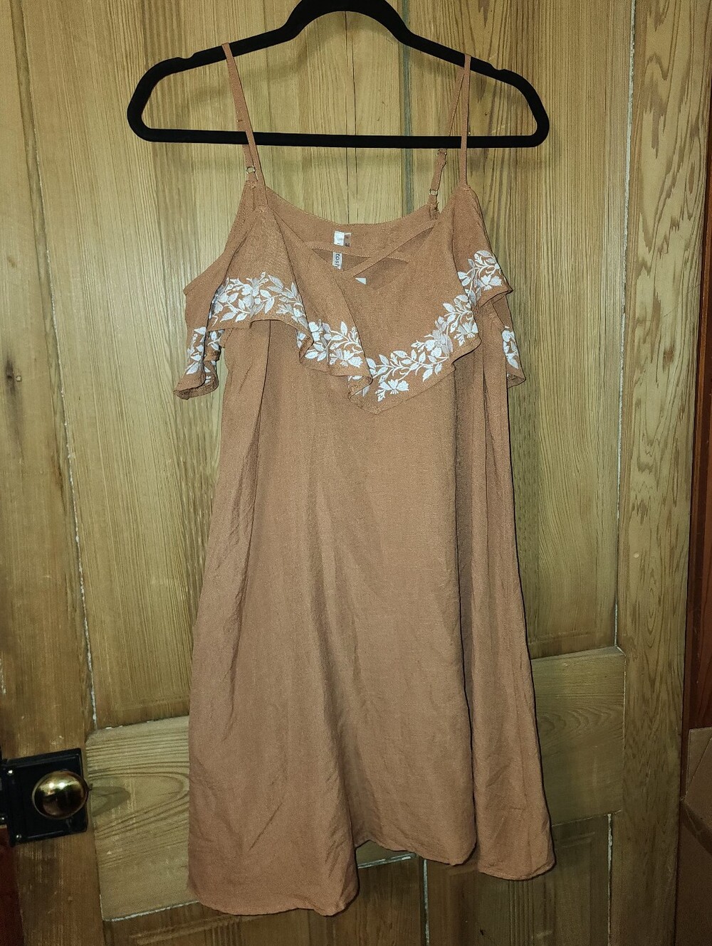 mittoshop Rust Brown Spaghetti Strap Dress with White Floral Embroidery, Size S - Picture 7 of 9
